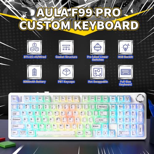 LEOBOG X Aula Wireless Mechanical Keyboard 8000mAh Creamy Gaming Keyboards | Aula F99 Pro Multifunction Metal Knob,Hot Swappable Custom,RGB Backlit,Tri-Mode BT/USB-C/2.4GHz Connect,PBT Keycaps,Full Size - color: White Comics