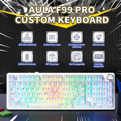 LEOBOG X Aula Wireless Mechanical Keyboard 8000mAh Creamy Gaming Keyboards | Aula F99 Pro Multifunction Metal Knob,Hot Swappable Custom,RGB Backlit,Tri-Mode BT/USB-C/2.4GHz Connect,PBT Keycaps,Full Size - color: White Comics