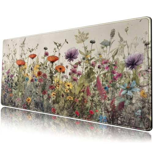 Watercolor Flowers Desk Mat Floral Boho XL Mouse Pad Large Mousepad Extended Vintage Aesthetic Laptop Keyboard Mat Cute Gaming Desk Pad 31.5"x11.8" Office Decor for Women - color: Watercolor Flowers