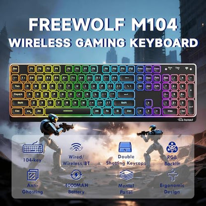 Free wolf M104 Wireless Gaming Keyboard with Numeric Keypad Tri-Mode(2.4Ghz/Wired/Bluetooth) Membrane Full Size Mechanical Feel Metal Panel RGB 4000MAH Rechargeable Quiet for PC/MAC/Win Gamer-Black - color: Black