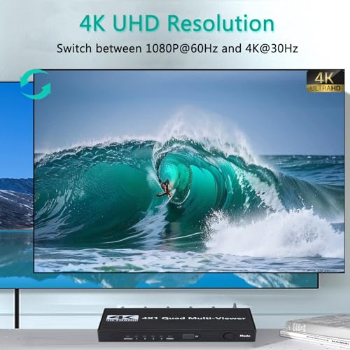 HDMI Multiviewer Switch 4x1, HDMI Quad Multi-Viewer 4 in 1 Out switcher with IR Remote, Support 4K@30Hz 1080P@60Hz and 12 Display Modes for Security Camera, Gaming Consoles