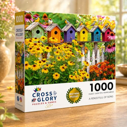 Cross & Glory | 1000 Piece Jigsaw Puzzles for Adults | A Fence Full of Song | Colorful Birdhouses, Garden Flowers & Butterflies | Bright Nature Puzzle | 2mm Thick Pieces | Satin Finish | Ages 14+ - color: A Fence Full of Song