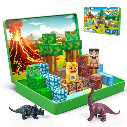 DQMOON Magnetic Blocks Travel Set with Magnetic Case - 52 PCS Magnetic Building Blocks Cubes Dinosaur Toys for Kids 3-5 4-8 Girls Boys Kids Toys, STEM Sensory Toddler Birthday