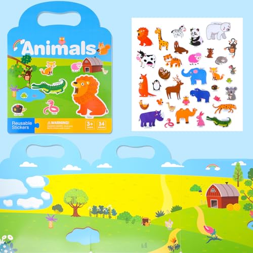 ASTARON 3 Pack Reusable 3D Puffy Sticker Book for Kids 3-6, Jelly Sticker Game Educational Sensory Learning Toy,Travel Stickers and Busy Book - style: Vehicle Animals Dinosaur