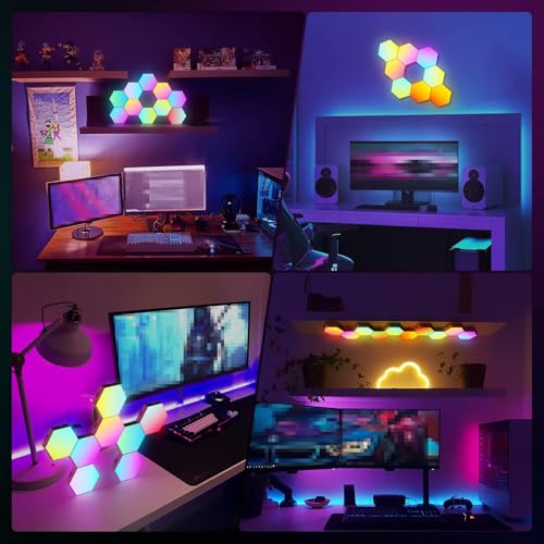 Vcwtty Hexagon Light Panels with App, Music Sync, 6 Pack | RGB Gaming Lights, DIY Modular Design, Sensory Room, Game Room, Party, USB Powered, Wall Decor, Sound Activate - size: 3.8 inches
