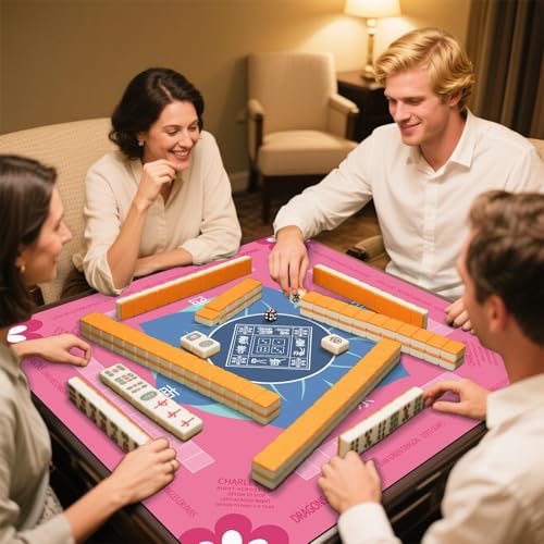 Mahjong Mat 31.5" x 31.5" Mahjong Table Mat with Rules Anti Slip Noise Reduction Pink Flower Gaming Tablecloth for Poker, Card, Board Tile Games Mah Jongg Table Cover with Carrying Bag (Pink) - style: Pink Flower