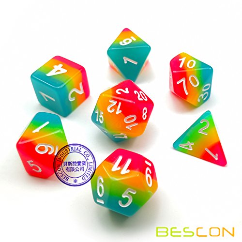 Bescon Fantasy Rainbow Glowing Polyhedral Dice 7pcs Set Midnight Candy, Luminous RPG Dice Set Glow in Dark, Novelty DND Game Dice d4 d6 d8 d10 d12 d20 d% in Brick Box - color: Midnight Candy