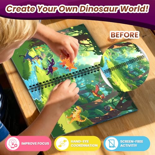 Dinosaur Reusable Sticker Book for Toddlers, DIY Make-a-face Jelly Stickers | Make A Face & Scene Decoration Play, Washable and Reusable Jelly Stickers, Portable Travel Friendly, Airplane Trip Essentials - style: Dinosaur