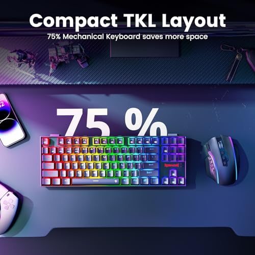 Redragon Wireless Gaming Keyboard, BT/2.4Ghz Tri-Mode Mechanical Keyboard, buit-in Battery, Programmable 87 Keys TKL, LED Rainbow Backlit - K552-KRS - color: Deep Blue