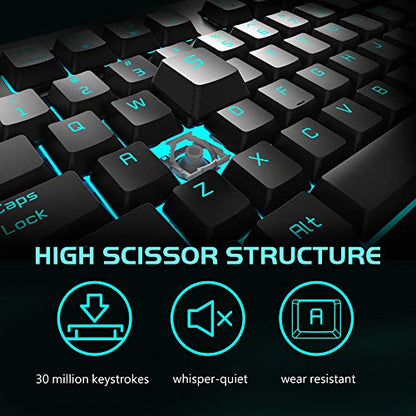 POWZAN Light Up Quiet Gaming Keyboard - Membrane Silent Wired Keyboard with Low Profile Lighted Key for Computer, Windows PC Gamer - Full Size, Black