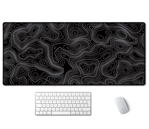 SSOIU Black Topographic Extended Gaming Mouse Pad XXL ArtSo Large Keyboard Mat Long Mousepad Desk Decor Writing Pad Non Slip Rubber Base Stitched Edges for Work, Game, Office, Home, 35.5" x 15.7" - color: Black Topographic