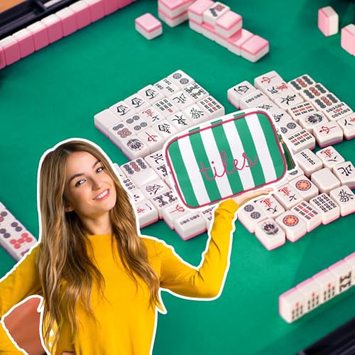 Sanwuta 1 Pcs Mahjong Tile Bag with Zipper,Green,Striped | Embroidered Mahjong Case for 166 American Mahjong Tiles (1.2") Portable Bags for Board Game Party Gathering Travel - color: Green, style: Classic