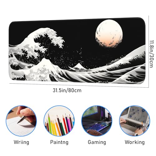 Gaming Mouse Pad, Japanese Mouse Pad, Non-Slip Rubber Base, for Laptop, Office and Home, 31.5x11.8 Inch Desktop Waterproof Desk Pad, Ocean Wave Anime Black Gaming - color: Kanagawa Kuroshio