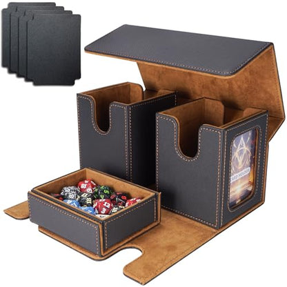 AFIING MTG Commander Deck Box 200 Double Sleeved Cards Storage, 3-in-1 Magnetic Card Case Organizer for Magic: The Gathering TCG CCG, 4 Dividers & 2 Toploaders (Black/Gold) - color: Black Gold