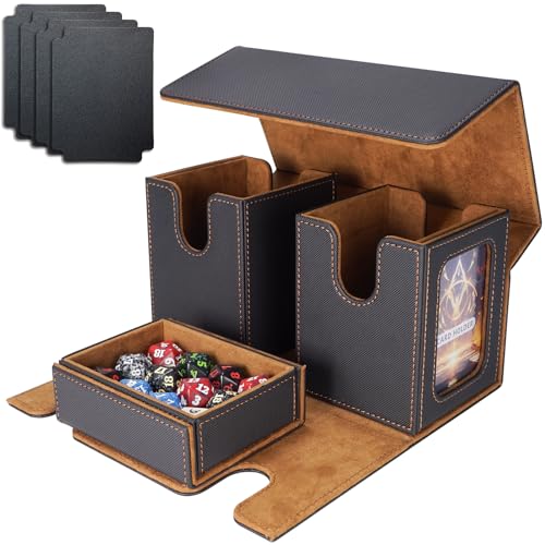 AFIING MTG Commander Deck Box 200 Double Sleeved Cards Storage, 3-in-1 Magnetic Card Case Organizer for Magic: The Gathering TCG CCG, 4 Dividers & 2 Toploaders (Black/Gold) - color: Black Gold