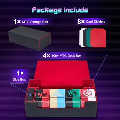 MTG Card Box Set with 4 Deck Boxes and 8 Dividers | Trading card organizer includes a dice box and fits a playmat, compatible with Magic, TCG and CCG cards, Black & Red - color: 5. Card Box Set Black & Red, size: 4 Deck Card Box