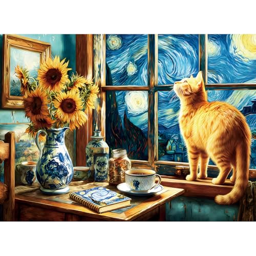 EIYRURU 500 Piece Jigsaw Puzzle for Adults –Van Gogh Starry Night Cat Jigsaw Puzzles 500 Pieces, Sunflower Artwork Puzzles for Adults 500 Pieces, Challenging Perfect for Game Nights, 20.5 X 15 in - color: Starry Night Cat