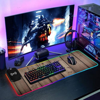 Rustic Wood Gaming Mouse Pad Led Mousepads RGB Backlit with 14 Lighting Modes, Non Slip Base Soft Computer Keyboard Mat for Gaming PC Laptop Desk, M - size: Medium: 35.4 x 15.7in