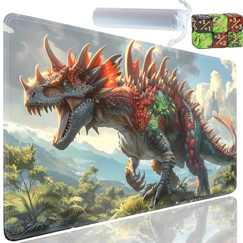 Playmat for MTG, 24x14 Inches Playmats, for TCG and CCG Trading Card Game Mat, Non-Slip Rubber for MTG Playmats with A Storage Bag and 6 Dice Set, Dinosaurs Pattern - color: Yu-Playmat-1-C90