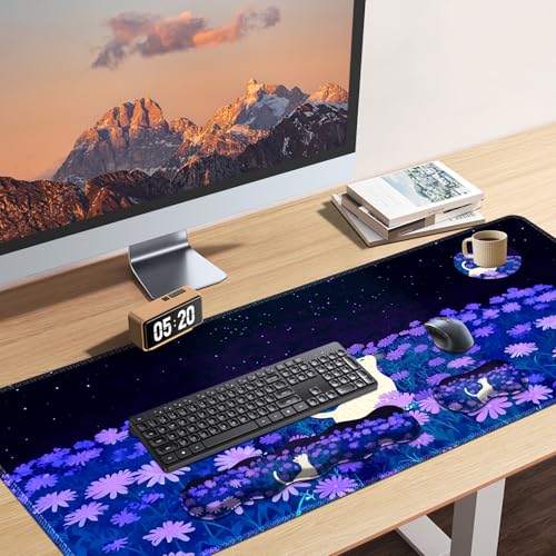 AIMSA Large Mouse Pad Wrist Support Set, Purple Desk Mat+Mouse Pad with Wrist Rest+Keyboard Wrist Pad+Coaster, 4-in-1 Cat Flowers Ergonomic Mousepad Combo - color: Cat Purple Flowers
