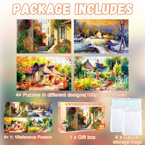 ZOiiWA 4 Pack 100 Pcs Dementia Puzzles for Elderly Country Life Dementia Alzheimers Products and Activities for Seniors Alzheimer’s Puzzles Memory Cognitive Games for Seniors Gift for Elderly Adults