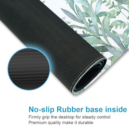 XXL Waterproof Office Desk Pad Protector 35.4x15.7 Inch - Extended Gaming Mouse Pad with Non-Slip Rubber Base, Thickened Keyboard Mat, Stitched Edges & Green Plants Design - color: A-green