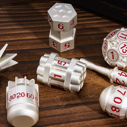 UDIXI RPG Metal Dice Set D&D, 7-Pieces Polyhedral Metal DND Dice Set Silver | Bomb Shape, Red Numbers, Solid Metal, Cool Design, Leather Pouch Pakaging, for Dungeons and Dragons Role Playing Games - color: Silver Red