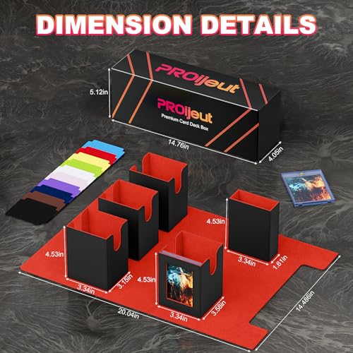 Proijeut 5 IN 1 Card Deck Box with Commander Display, Holds 800+ Cards, Includes 35pt Magnetic Card Holder and 10 Colorful Dividers(Black&Red) - color: Red-5 IN 1