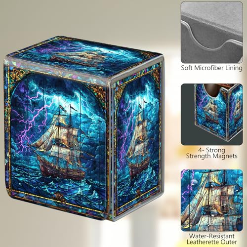 Card Deck Box, Card Storage Box Fits 100+ Single Sleeved Cards, Large Capacity PU Leather Card Storage Box with Strong Magnet for Magic Commander TCG/CCG, Ocean Ship - color: Ocean Ship