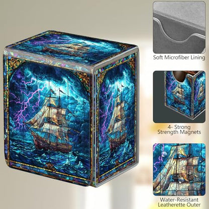 Card Deck Box, Card Storage Box Fits 100+ Single Sleeved Cards, Large Capacity PU Leather Card Storage Box with Strong Magnet for Magic Commander TCG/CCG, Ocean Ship - color: Ocean Ship