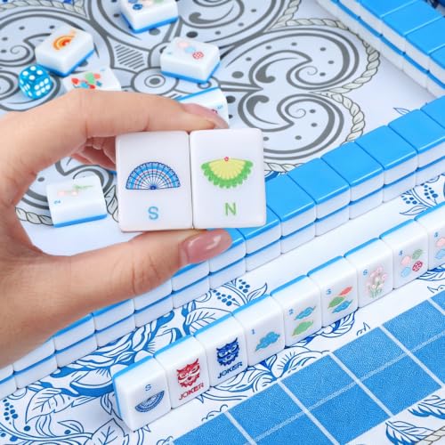 166 American Mahjong Tile Set, 1.2" Mini Blue 3D Engraved Melamine Mahjong Tiles with Storage Bag & Dice, Travel Game for Adults, Friend & Family Game Night, Gifts for Mah-jongg Lovers - color: Blue