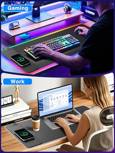 RGB Gaming Mouse Pad with 15W Magnetic Wireless Charging, 31.5'' x 15.8'' | 24 Lighting Effects Desk Mat LED Mousepad with Non-Slip Rubber Base, Light up Your Desk, Waterproof Ultra-Smooth Surface - color: RGB-31.5"x15.8"