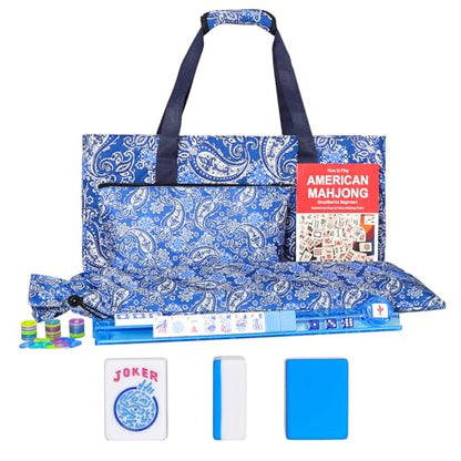American Mahjong Game Set, 166 Blue Tiles (1.2”), 4 All-in-One Color Rack/Pushers & Drawstring Bag, Complete Mahjong Sets with Blue Printed Carrying Bag and Mahjong Tile Set Accessories - color: Blue
