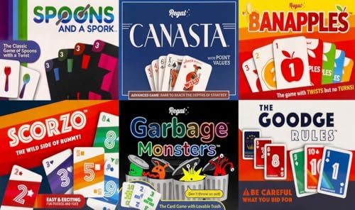 Regal Games Fun Card Games Set for Adults - Canasta, Spoons and a Spork, Garbage Monsters, ScorZo, The Goodge Rules, and Banapples Decks - Fun & Travel Playing Cards for Family Game Night - size: All 6 Games