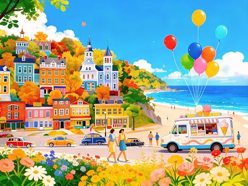 Seaside Town Puzzles for Adults 500 Pieces, 21x15 Inch | Colorful Beach Town Theme Jigsaw Puzzle, Letters on Back, Challenging Puzzles for Family Game Night, Home Decor Gift - color: Coastal Town