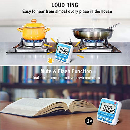 4-in-1 Digital Timer with Count Up/Down, Clock & Alarm, Ring & Silent Modes | Large 2.8-Inch easy-read LCD, On/Off switch, 24-Hour count up/down, Fast-forward function, Magnetic back, stand, hanging hole - color: Blue