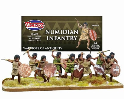 Wargames Delivered - Victrix Numidian Infantry Set with Bonus Miniature STL Download - 24 Highly Detailed 28mm Multipose Miniatures with Spears, Shields, and Head Options for Ancient Wargaming