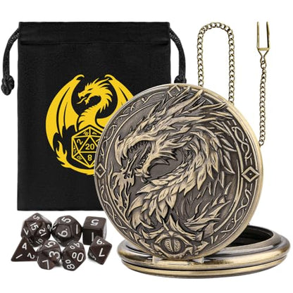 Mini DND Dice Set with Steampunk Dragon Large Pocket Watch Shell Case, 7-Piece Polyhedral Acrylic D&D Dice, DND Gift Bag with Dragon Logo, Role Play Board Game Accessories, Bronze + Brown - color: Bronze + Brown