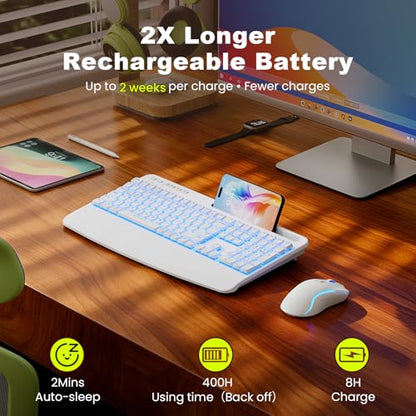 White Keyboard and Mouse Wireless Combo, 4000mAh Rechargeable Backlit Quiet Keyboards mice Set, USB Ergonomic Key Board with Wrist Rest & Phone Holder for PC, Mac, Windows, Natural Soft Typing - color: Pure white