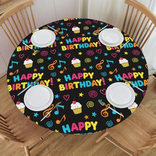 Delerain Happy Birthday Party Round Fitted Tablecloth, Waterproof Round Table Cloth with Elastic Edged Washable Table Cover for Indoor Outdoor Fits 40"-44" Tables, Small - color: Happy Birthday Party, size: 44" (Round)