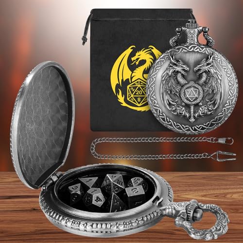 Mini DND Dice Set with Wand and Double Dragon Head Pocket Watch Shell Case, DND Starter Set, 7pcs Polyhedral Mini Metal Dice Set, D&D Gifts with Gift Bag, Role Playing Board Game Accessories, Silver - color: Dark Silver