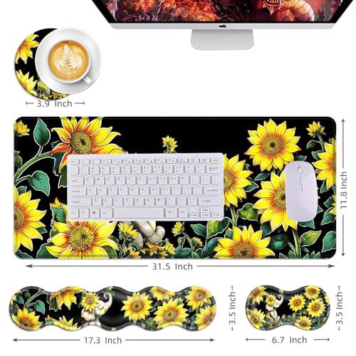 Mouse Pad,Large Desk Mat Set, 4in1 XL Mousepad + Keyboard Wrist Rest+Mouse Wrist Rest+Coaster with Ergonomic Desk Pad for Home Office Table Computer Cover -Elephant with Sunflowers - color: Elephant with Sunflowers