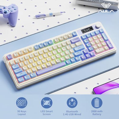 AULA S99 Pro Gaming Keyboard, Cute Creamy Keyboard with Number Pad Smart Screen, Tri-Mode Bluetooth/2.4G/USB-C Computer Keyboards, Media Knob Custom RGB Backlit Feel for MAC Xbox PC Gamer - Purple - color: Purple White