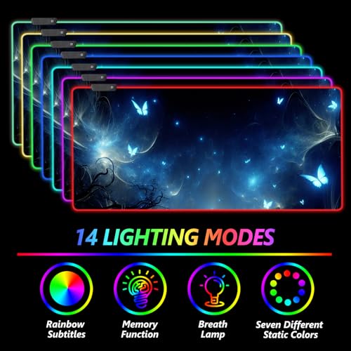 AIMSA RGB Gaming Mouse Pad XXL Large, Extended Glowing Led Light Up Cool Mouse pad Desk Pad Non-Slip Rubber Cute Mousepad Mat 35.4x15.8 Inch, Mysterious Glowing Butterfly - color: Mysterious Glowing Butterfly