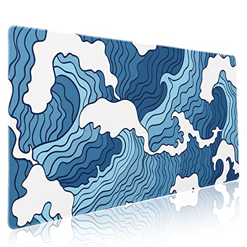 Japanese Blue and White Wave Gaming Mouse Pad XXL Anime Sea Texture Extended Large Desk Mat Big Mousepad Non-Slip Rubber Base Stitched Edge Long Mousepad for Desktop PC Computer Gamer, 35.4 x 15.7 in - color: Blue Wave, size: 15.7" x 35.4"