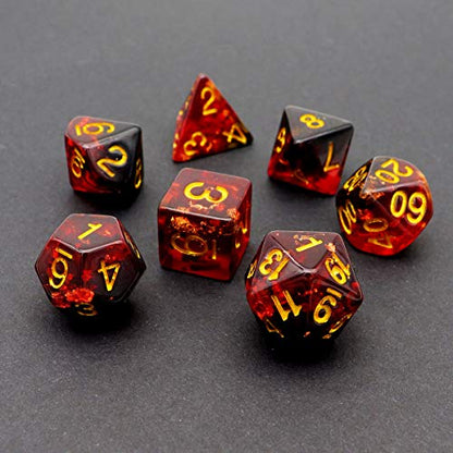 Haxtec DND Dice Set, 7 Pcs Gold Foil Resin Polyhedral RPG Dice | Fire Red Role Playing Games Dice with Velvet Pouch, Compatible with Dungeons and Dragons, D&D Gift for DM Masters - color: Red Black