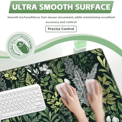Baziabbo Green Desk Mat,XXL Extended Big Mouse Pad,Gaming Mousepad with Stitched Edge,Non-Slip Rubber Base Keyboard Desk Pad for Home Office Study Game - color: Ferns Flowers