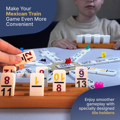 Queensell Mexican Train Dominoes Set Double 15 with Numbers - Dominoes Set for Adults and Family – 136 Tiles, 9 Trains, Wooden Hub, 8 Tile Holders, Aluminum Case (D15 Numbers + 8 Holders) - style: D15 Numbers + 8 Holders