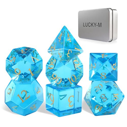 LUCKY-M 7-Piece Crystal Glass Polyhedral Dice Set with Case for Dungeons & Dragons, RPG Games - color: Blue Glass