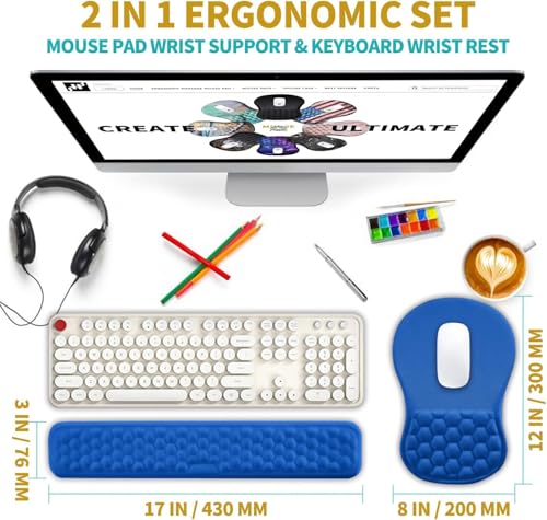 Hokafenle 2 in 1 Ergonomic Mouse Pad Wrist Support & Wrist Rest for Computer Keyboard Set, with Relieve Carpal Tunnel Pain Massage Bulge and Full Memory Gel Design (2In1 Set, Dg Blue) - color: Hk016-dg Blue